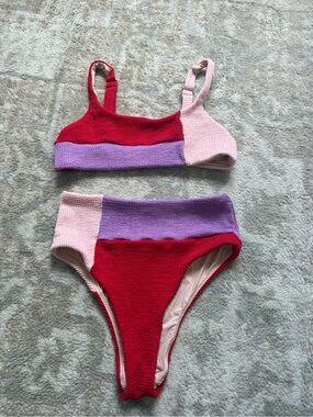 MINKPINK Colorblock Red Pink Purple Knit Bikini